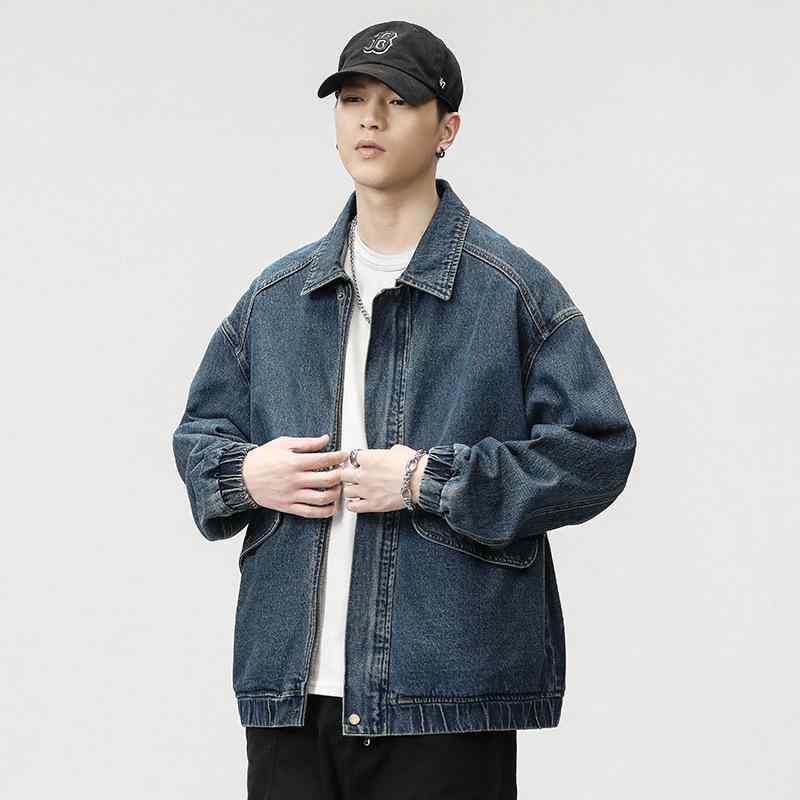 ジャケット 男性用 デニム ウォッシュ加工 レトロ ビッグポケット カジュアル ジップアップ ミリタリースタイル 春物 Gジャン アウター 綿 黒 ブラック ブルー インディゴ 耐摩耗性