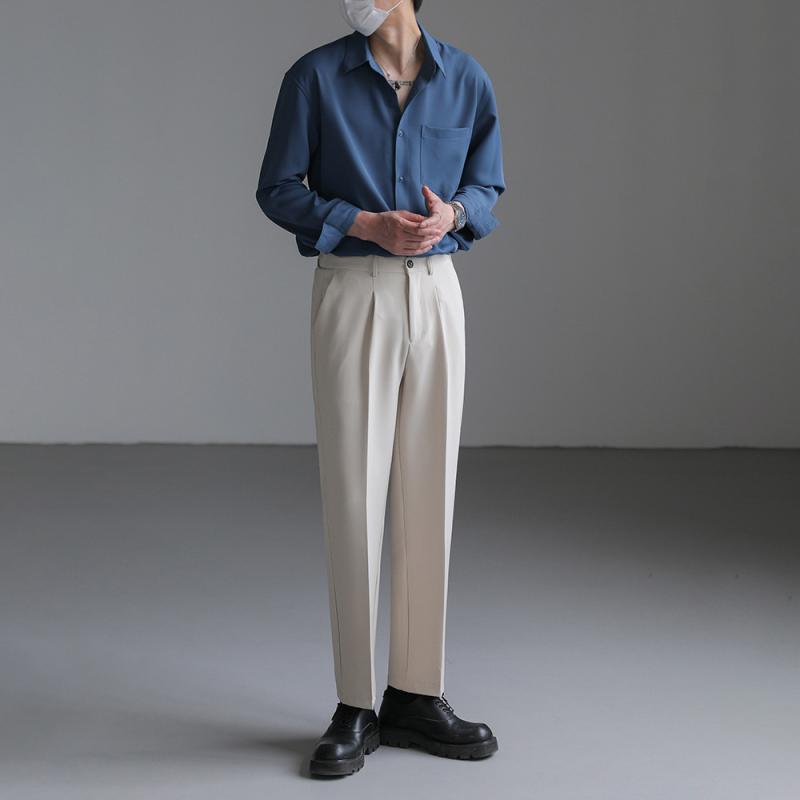 パンツ 男性用 テーパードパンツ スラックス 伸縮性 ポリエステル混紡 カジュアル きれいめ カーキ グレー ブラック｜Tanzan