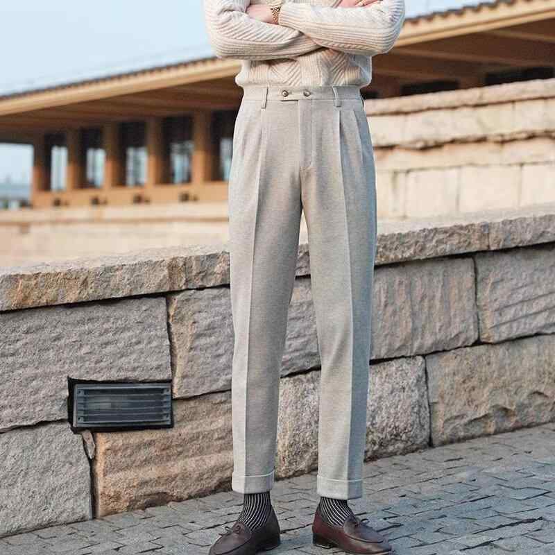 パンツ 男性用 ビジネス カジュアル スラックス メンズ ズボン 秋冬 厚手 9分丈 レギュラーフィット ストレート ポリエステル 無地 深灰色 カーキ色 杏色