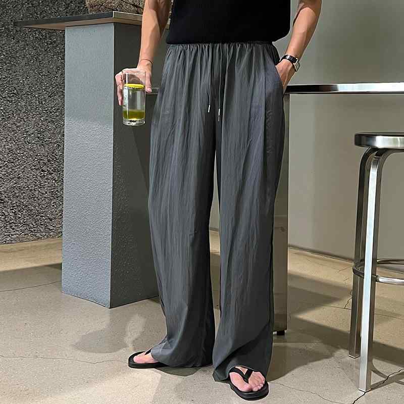 パンツ 男性用 接触冷感 ナイロン ワイドパンツ イージーパンツ ストレートパンツ リラックスパンツ 薄手 無地 黒 普段使い