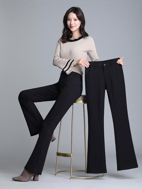 パンツ レディース 春秋 マイクロフレアパンツ ハイウエスト ブラック カジュアルパンツ スラックス ロングパンツ 小柄 韓国風 大きいサイズ ポリエステル 粘? ポケット 微弾性 通勤 オフィス スタイル 气??雅 黒
