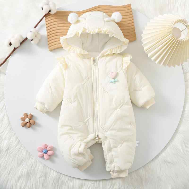 ベビー服 女の子 ロンパース 秋冬 ジャンプスーツ カバーオール 接触冷感 ぬいぐるみ付き かわいい 長袖 襟付き フード付き 66cm 73cm 80cm 90cm