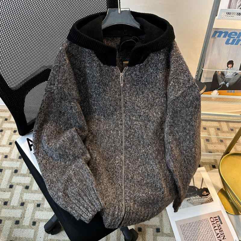 ニット カーディガン 男性用 秋冬 フード付き モヘア グレー 灰色 リブ 普段使い デイリーユース