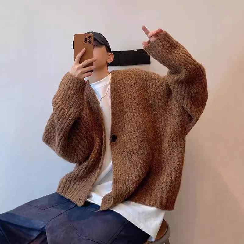 ニットカーディガン メンズ 秋冬 Vネック 厚手 混色 短丈 ワイド 保温 アウター 青少年 普段使い リラックス