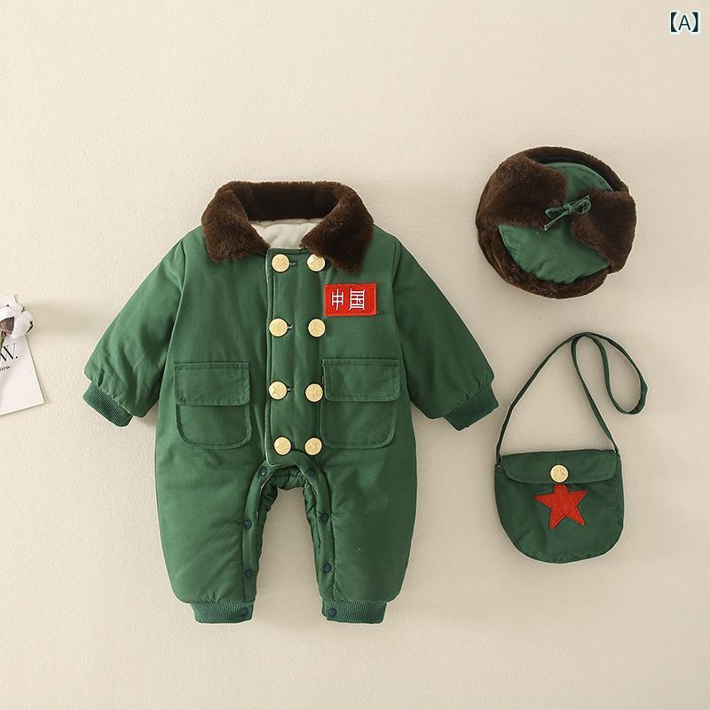 ベビー服 カバーオール 冬 新生児 コットン 中綿入り 厚手 ミリタリーグリーン 帽子 バッグ付き 防寒 あったか 長袖 ロンパース 66cm 73cm 80cm 90cm 100cm
