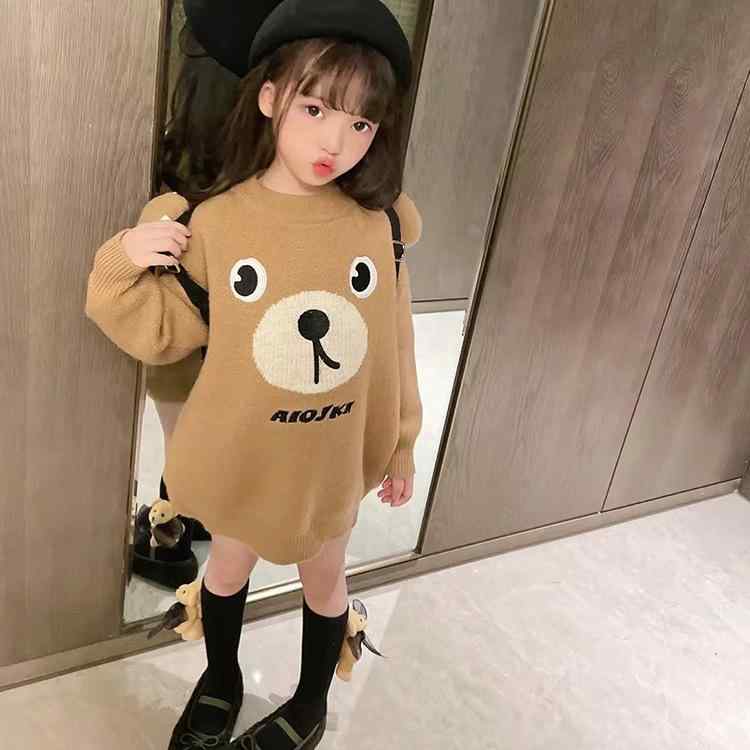 ニット・セーター キッズ 秋冬 長袖 韓国風 クマ柄 かわいい 女の子 子供服 トップス 丸首 暖か 保温 コットン