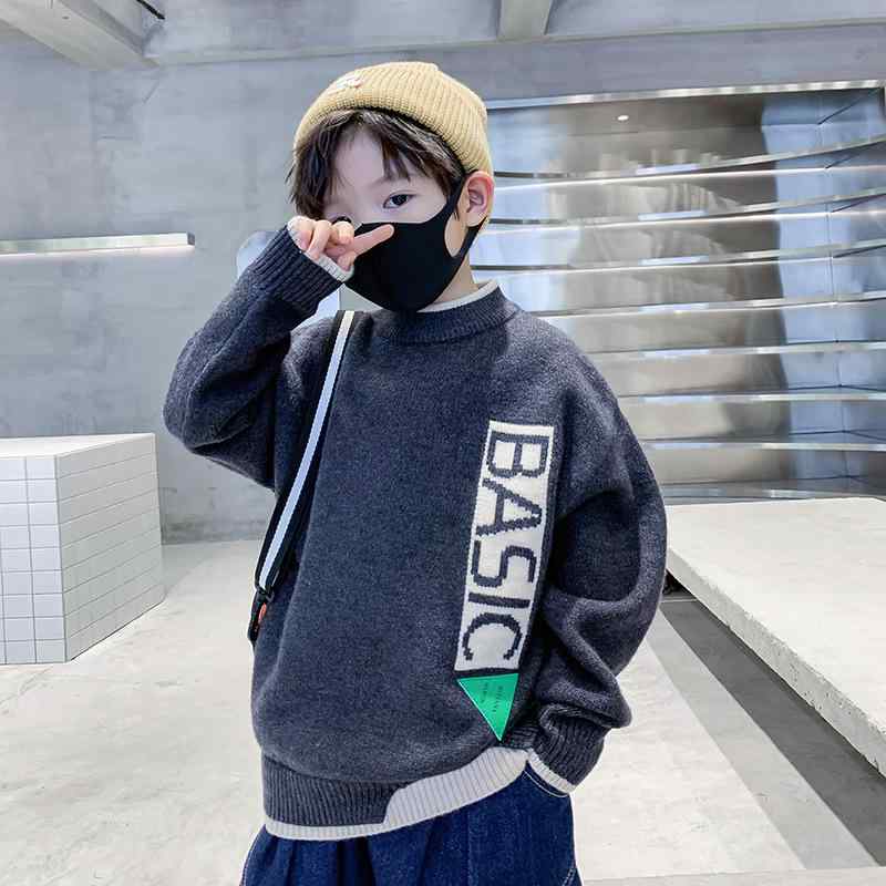 子供服 セーター 男の子 ニット トップス 秋冬 ボーイズ 8歳以上 140cm以上 丸首 長袖 プルオーバー 灰色 カーキ色 普段着 おしゃれ着 かわいい アルファベット柄