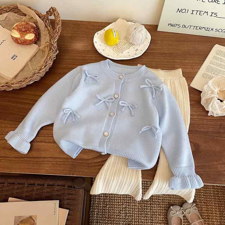 ニット カーディガン 女の子 キッズ 蝶結び トップス 韓国風 かわいい ベビー服 長袖 春秋 冬 ブルー ピンク系 アイボリー ニット ズボン パンツ 上下 セットアップ コーデ