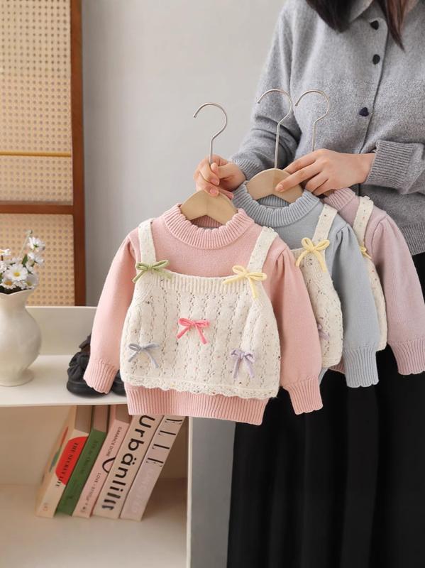 子供服 ニット セーター 女の子 秋冬 裏起毛 厚手 フェイクレイヤード 長袖 トップス 花柄 ドット柄 かわいい 公園着 普段着