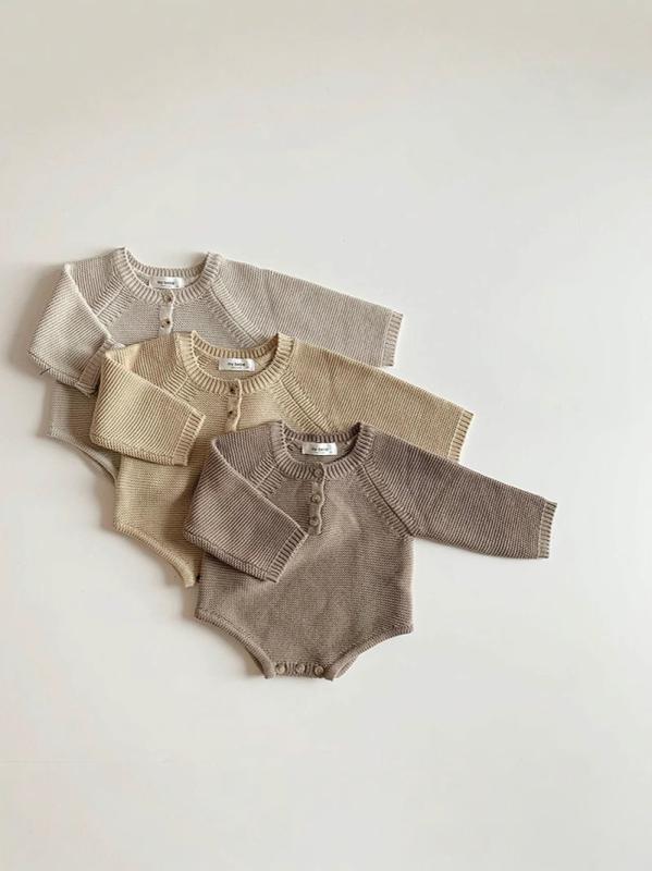 ベビー服 ニット ロンパース 帽子付き 春秋 男女兼用 赤ちゃん かわいい 綿 長袖 カバーオール ジャンプスーツ 球球付き 66cm 73cm 80cm 90cm 韓国風 弥黄色 杏白色 ブラウン