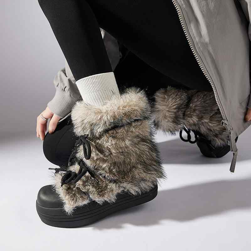 雪地靴 レディース 暖か 長毛 ボア ラウンドトゥ 厚底 蝶結び スノーブーツ 普段使い カジュアル 黒 ブラック ブラウン｜Tanzan