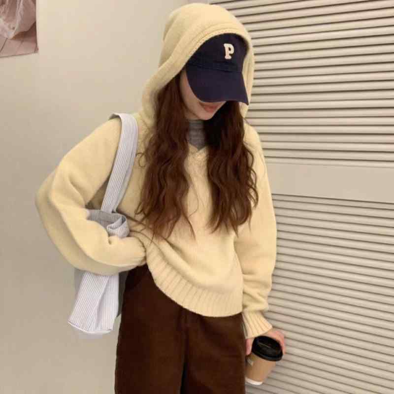 ニット レディース 秋冬 韓国風 パーカー 厚手 プルオーバー フード付き トップス 長袖 ゆったり 暖かい カジュアル かわいい 赤 白 黄色 灰色 青 ピンク ブラック