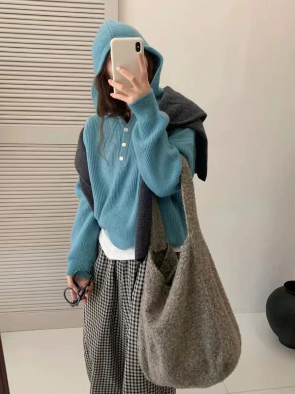 ニット レディース 秋冬 韓国風 ゆったり パーカー トップス プルオーバー 長袖 リブ編み 無地 かわいい カジュアル 部屋着 ルームウェア 孔雀青 ブラック グレー 薄黄色 ローズレッド ホワイト キャラメル