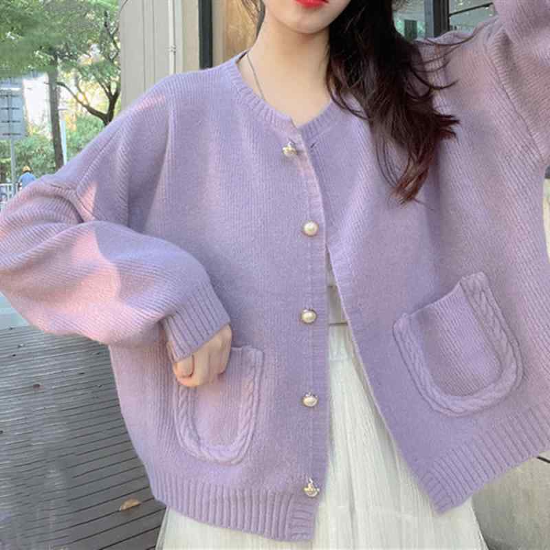 ニットカーディガン レディース 春秋 韓国風 かわいい ショート丈 ラウンドネック 羊毛 カシミアタッチ ゆったり 長袖 学院風 ガーリー パープル ピンク系 アイボリー ブルー ブラック オレンジ