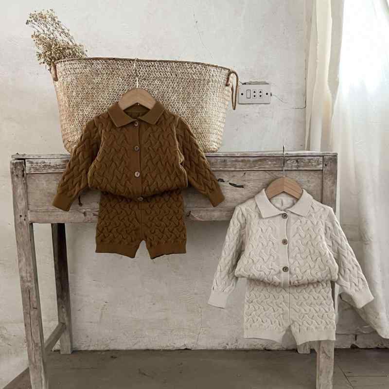 ベビー服 ニット 秋冬物 中性 男女兼用 麻の葉柄 カーディガン セーター & 短パン セットアップ 綿100% 柔らか 暖かい かわいい 普段使い
