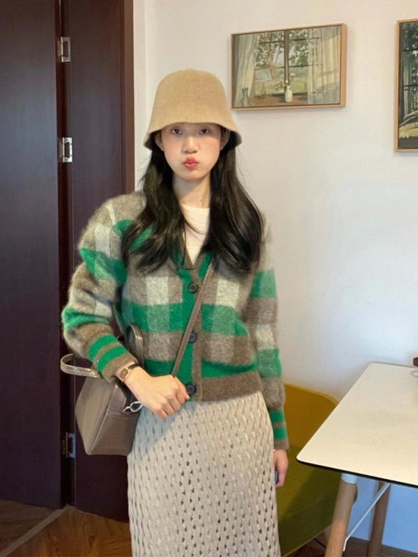 編み物 レディース 秋冬 ジレー 朦々たる V素っ首 アーガイル柄 ゆったり トップス 生あたたかい レトロ 可愛らしい 普段使い走り 会う約束 緑であること系 S M L XL