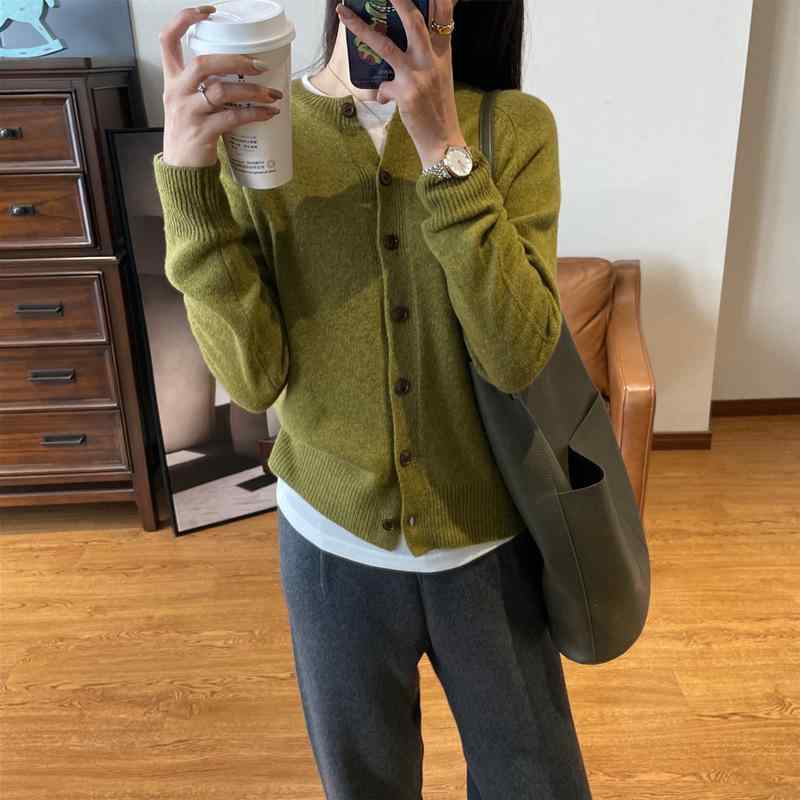ニット カーディガン レディース 秋冬 ショート丈 羊毛混紡 ゆったり 厚手 クルーネック 草グリーン 杢グレー｜Tanzan
