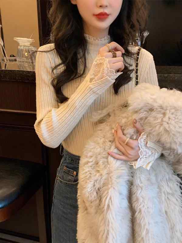ニット セーター レディース トップス レース 長袖 秋冬 厚手 あったか 暖かい 防寒 通勤 きれいめ かわいい おしゃれ フェミニン エレガント 上品 オフィス カジュアル 高見え 韓国風