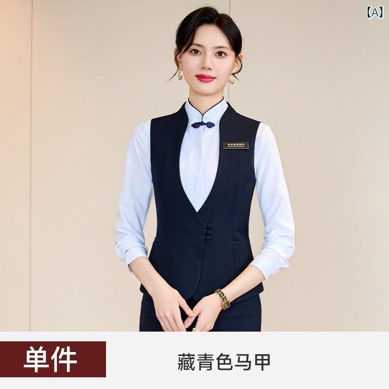 ベスト レディース グレー ホテル フロント 受付 制服 オフィスウェア 作業着 トップス 事務服 Vネック 3D効果 ポリエステル ボタン付き 伸縮性 通気性 着痩せ スタイル S M L XL XXL XXXL XXXXL