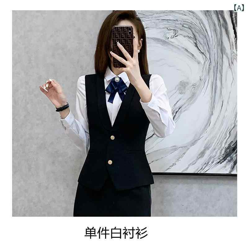 スーツ レディース 3点セット Vネック ノースリーブ ジャケット ブラウス パンツorスカート フォーマル オフィス ビジネス 制服 受付 ホテル 面接 通勤 仕事着 春夏