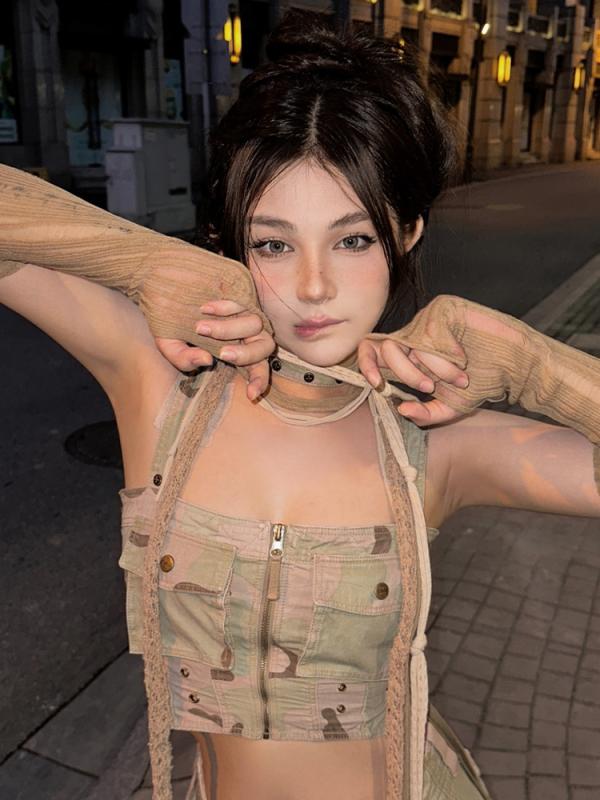 ベスト レディース 迷彩柄 タンクトップ ショート丈 トップス コットン ストリート カジュアル タイト スリム 伸縮性|Tanzan