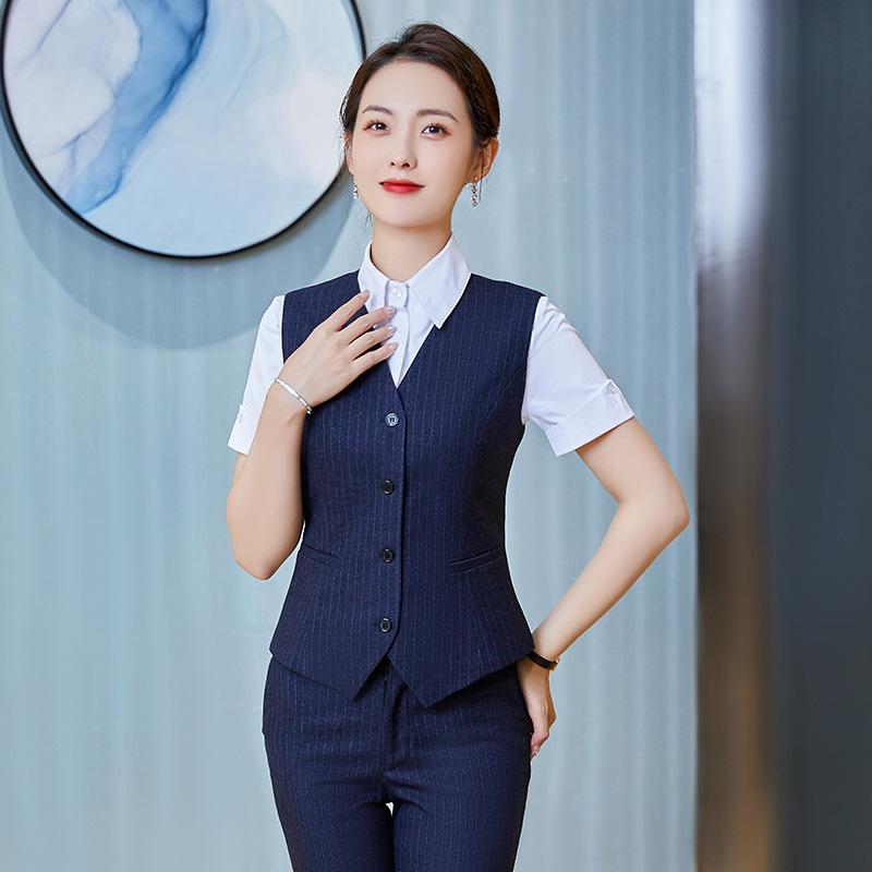 ベスト レディース スリムフィット ストライプ柄 ジレ オフィス フォーマル スーツ ベスト 銀行員 ホテル 制服 ビジネス サマー 春夏 ポリエステル 吸湿速乾 ブラック系 グレー系 ブルー系