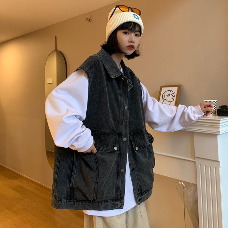 ベスト レディース メンズ デニムベスト 男女兼用 ワークベスト チョッキ 襟付き 無地 黒/青 ゆったり ストリート カジュアル 重ね着
