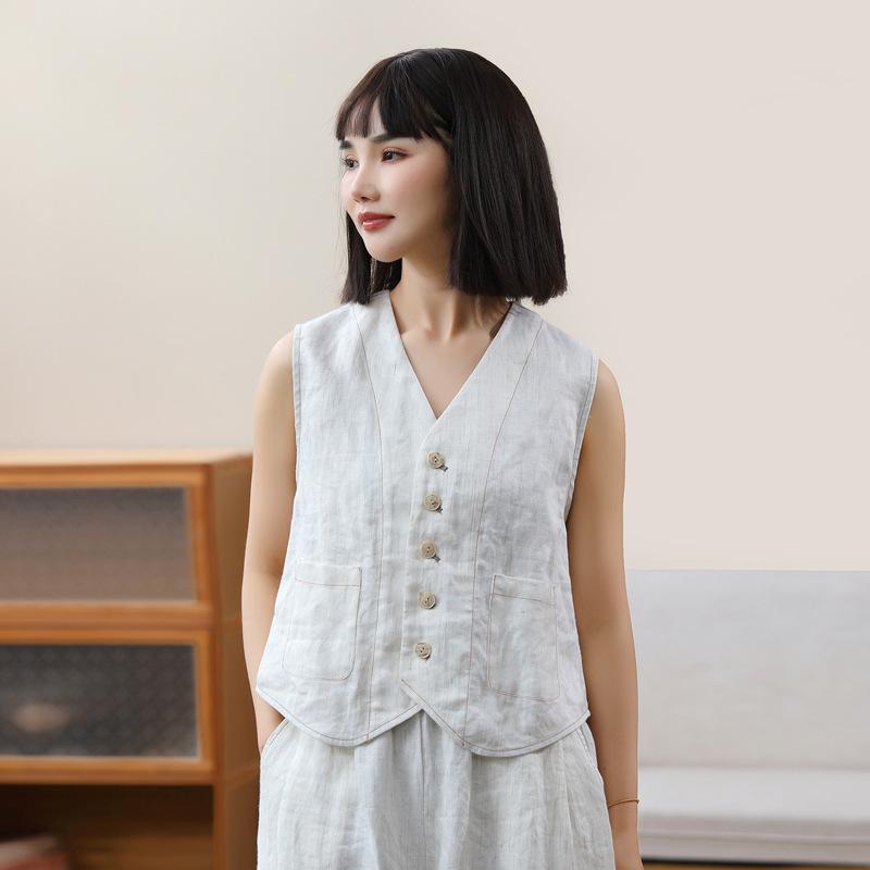 ベスト レディース 花柄 リネン 麻混紡 Vネック 短め丈 Aライン きれいめ 通勤 カジュアル|Tanzan