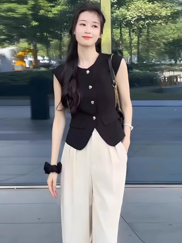 セットアップ レディース 春夏 トップ ワイドレッグパンツ 2点仕掛ける 好いたらしいめ 韓国風 上下仕掛ける 事務所心地好い 通い ゆったり 着痩せ かっこ良い 黒いこと 白いこと レディースファッション-ベスト-事務服