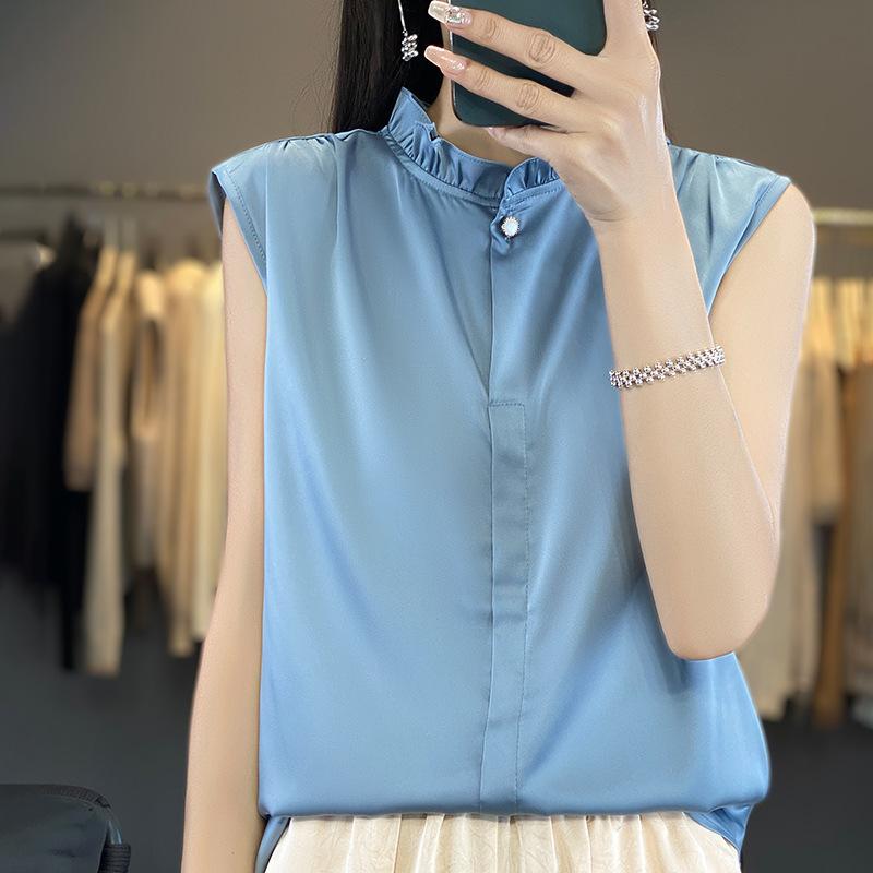 シャツ レディース ノースリーブ ブラウス サテン トップス デザイン カットソー M L XL XXL XXXL ゆったり 立襟 プルオーバー 無地 春夏 秋冬 オフィス きれいめ フォーマル エレガント 上品 ドゥグリーン シャンパン色 白 紺 黒