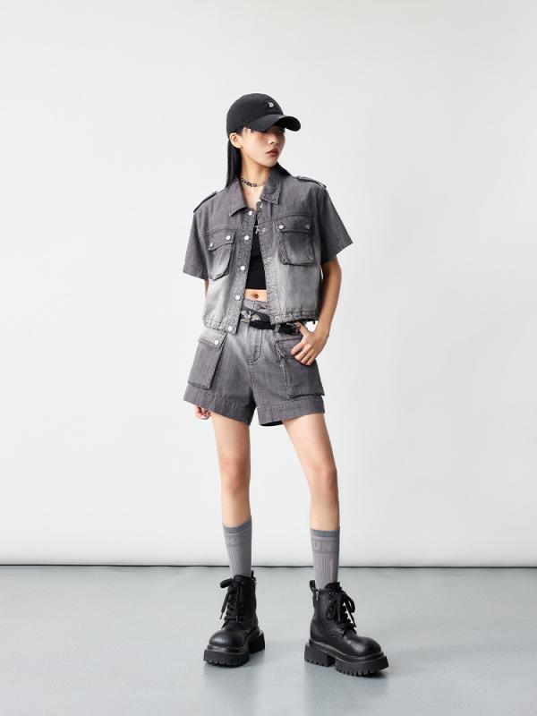 シャツ レディース 半袖 トップス ショートパンツ セットアップ 綿 デニム ダメージ加工 炭黒 カジュアル ストリート｜Tanzan