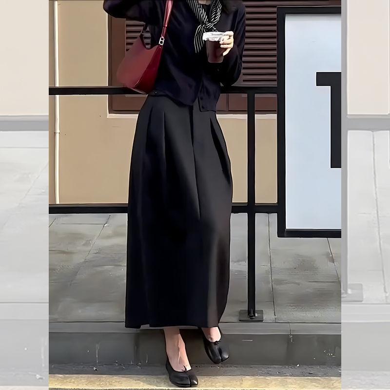 スカート レディース 春秋 黒 Aラインスカート ハイウエスト 着痩せ 体型カバー スリット ミモレ丈 膝下丈 ポリエステル 普段使い 通勤 オフィス