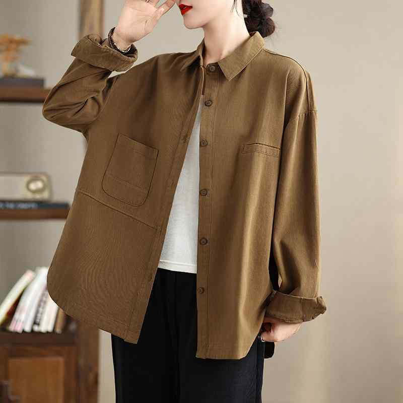 シャツ レディース 長袖 コットン ワークシャツ ブラウス ゆったり 無地 ダブルカラー 春物 杏色 カラメル 焦げ茶 カーキ M L XL 2XL(x3)