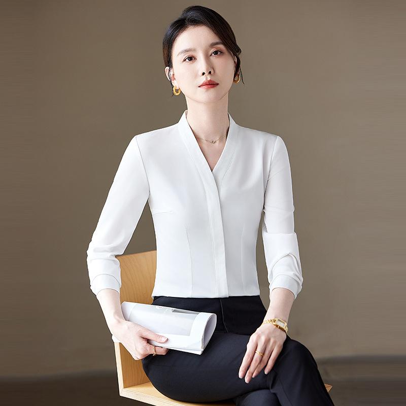シャツ レディース 長袖 Vネック ブラウス オフィス カジュアル 通勤 トップス ポリエステル 仕事着 制服 ホワイト ブルー