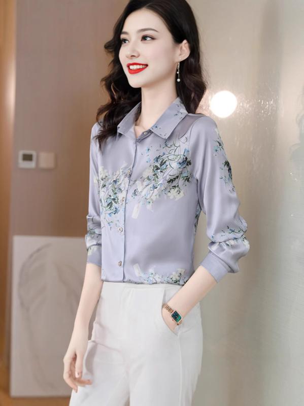 シャツ レディース 桑蚕糸 真 silk 薄手 トップス ブラウス 長袖 POLO襟 花柄 通勤 オフィス 接触冷感 UVカット M L XL XXL XXXL