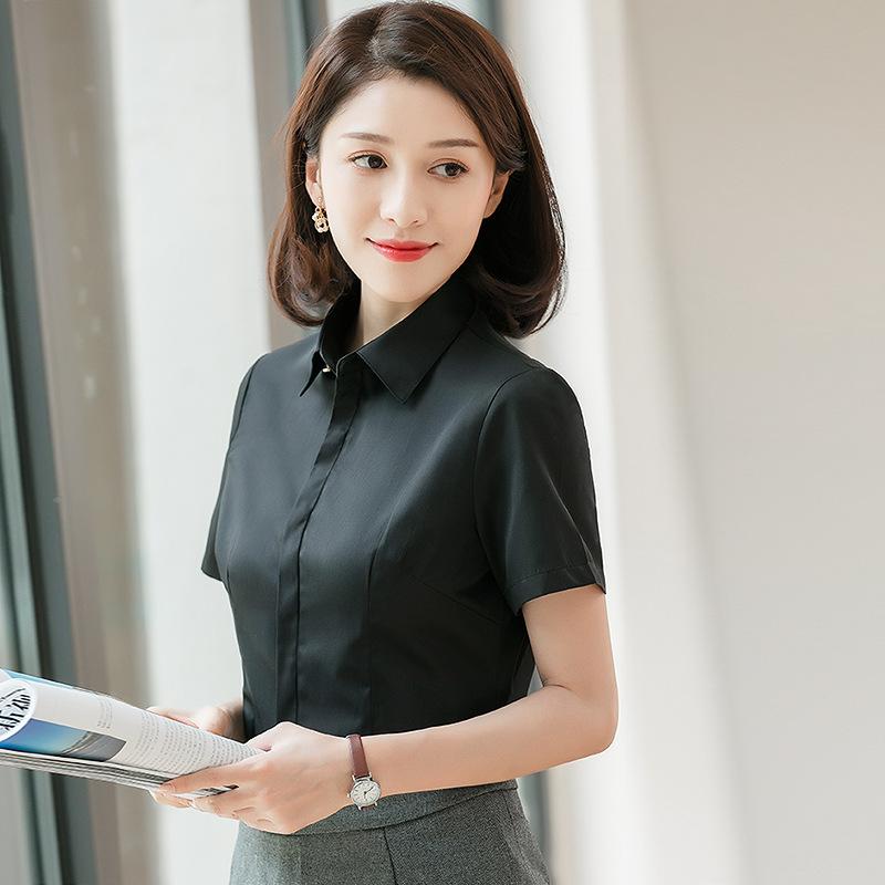 シャツ レディース 半袖 OL オフィス ビジネス 立襟 スリム 細見え ポリエステル混紡 コットン混紡 春夏 エレガント