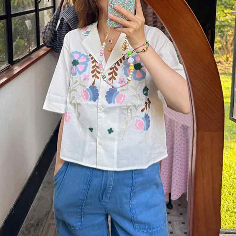 シャツ レディース 半袖 コットン 西洋風 ゆったり 麦の穂 花柄 刺繍 白 S M L