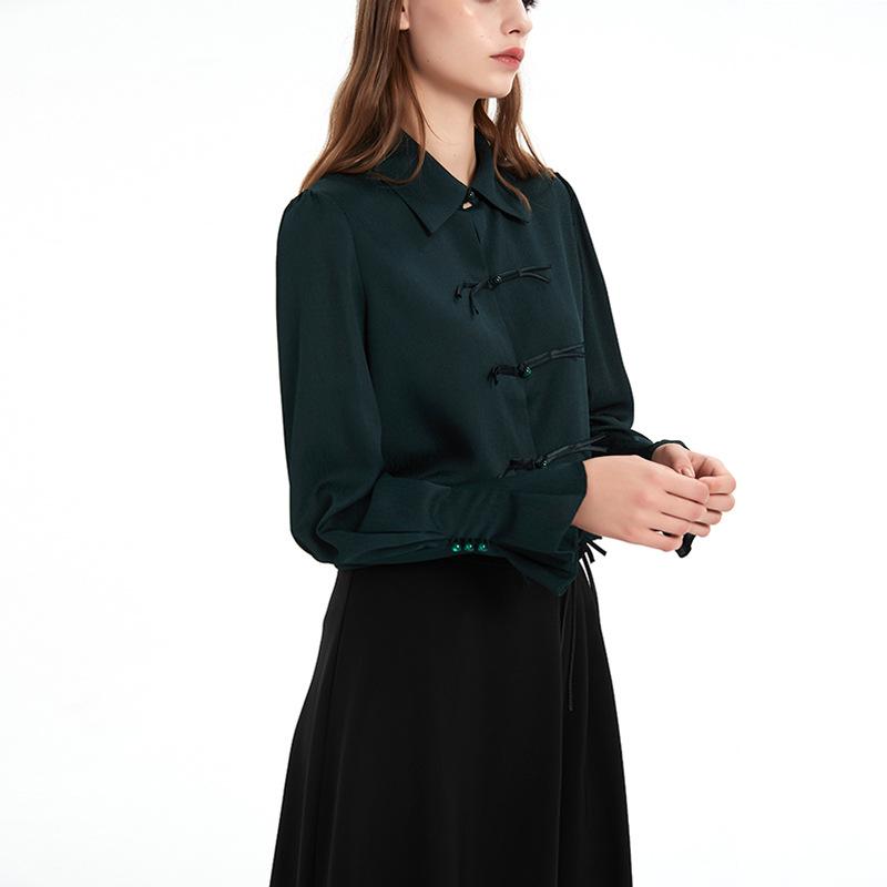 シャツ レディース 長袖 墨緑色 通勤 オフィス カジュアル 普段使い ポリエステル 翻 Collar 襟 泡 状 袖 エレガント スタイル