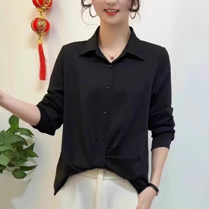 シャツ レディース 長袖 春秋 トップス デザイン性 百搭 職業 婦人服 ブラウス ポリエステル レッド ブラック コーヒー色 L XL 2XL 3XL 4XL