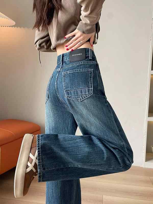 ジーンズ レディース 秋冬 高見え ワイドレッグ 裏起毛 あったか ストレート デニムパンツ ゆったり ハイウエスト 美脚 脚長 普段使い 体型カバー カジュアル 古着風 韓国ファッション ズボン ボトムス