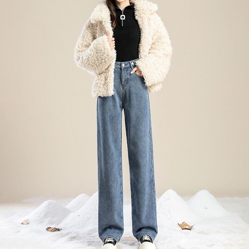 ジーンズ レディース 秋冬 裏起毛 ワイドレッグパンツ ハイウエスト デニムパンツ ストレート ジーパン カジュアル 黒 グレー ブルー