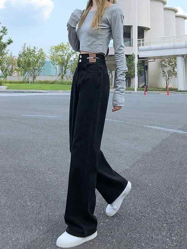デニム レディース ワイド 春秋 黒 高見え ジーンズ ハイウエスト ジーパン ストレート ゆったり 美脚 脚長効果 ブラック ブルー 大きいサイズ カジュアル 普段使い