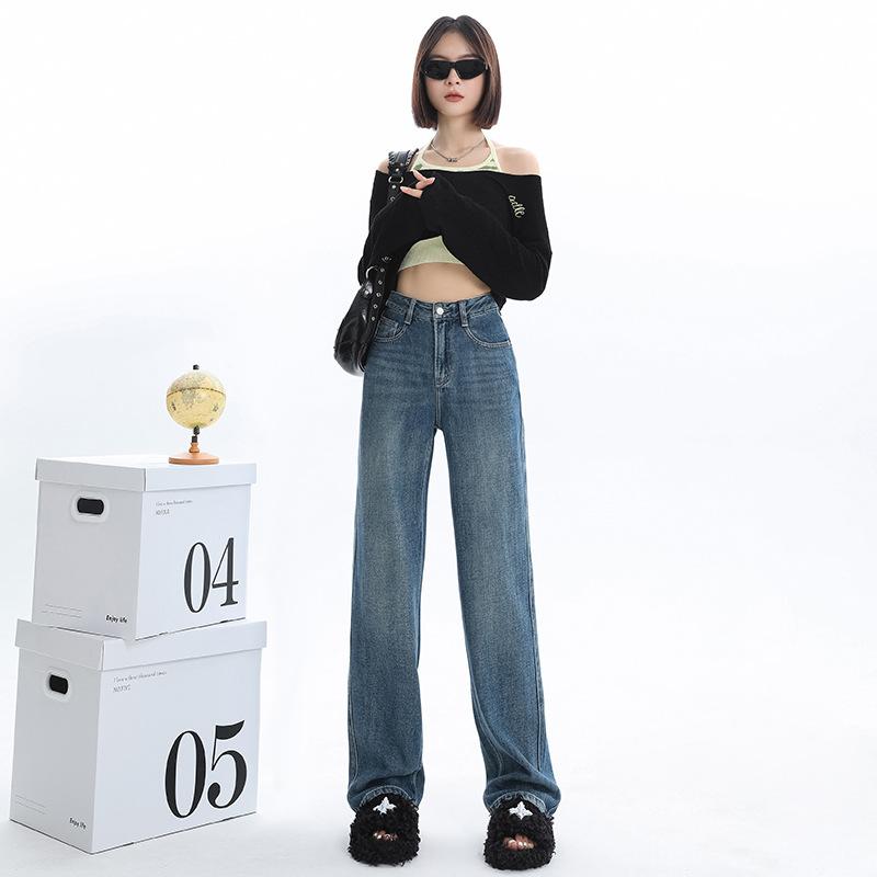 デニム レディース デニムパンツ ジーンズ ストレートパンツ ワイドレッグパンツ ハイウエスト コットン 美脚 着痩せ ゆったり 9分丈/通常丈/ロング丈 カジュアル 韓国ファッション