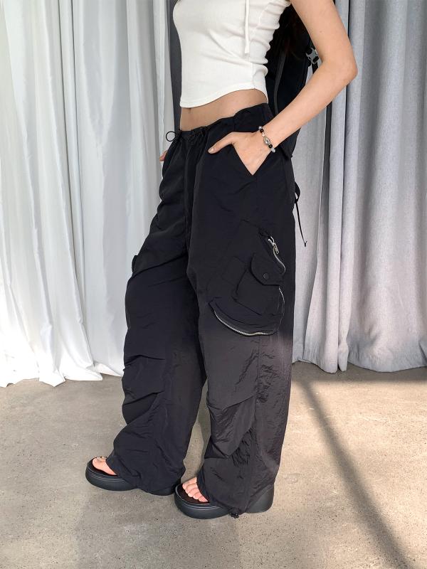 パンツ レディース 秋 ゆったり ワークパンツ ワイドレッグ ドローストリング ポケット付き カジュアル ロングパンツ ブラック 日韓スタイル 6,639円