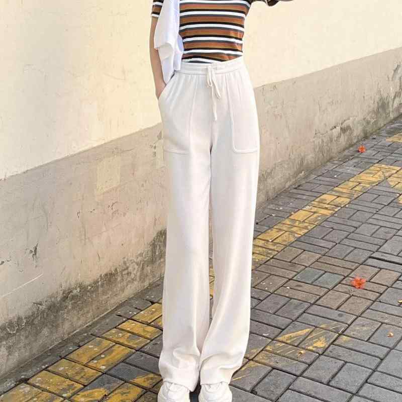 レディース パンツ ストレート ワイドレッグ 高見え ポリエステル ゆったり ゴムウエスト 格子柄 シェニール 織 通勤 オフィス カジュアル 白 黒 XS S M L XL