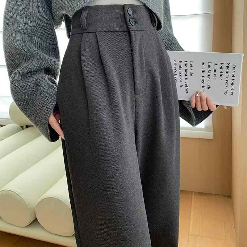 パンツ レディース 秋冬 厚手ウール ポリエステル混紡 ワイドレッグパンツ ハイウエスト スリムフィット ストレート 美脚パンツ ブラック 黒 コーヒー 杏色 アプリコット グレー オフィス カジュアル
