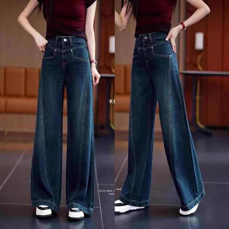 デニム レディース ジーンズ 春夏 ワイドレッグ ゆったり ハイウエスト ストレート 美脚 体型カバー ウォッシュ加工 綿 デニムパンツ