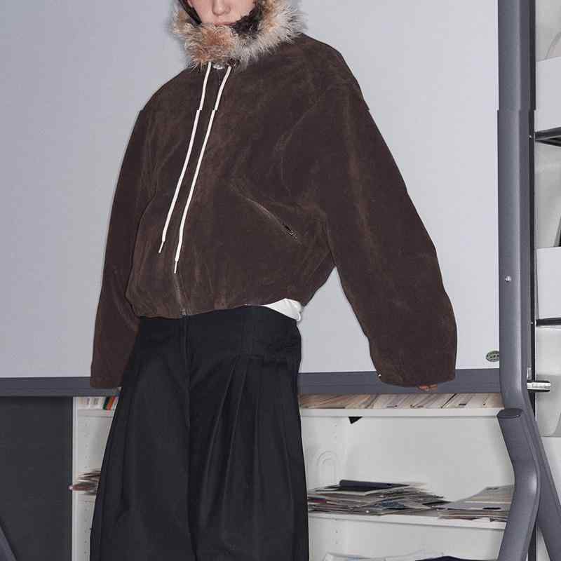 ジャケット レディース 秋冬 2way 取り外し可能 毛襟 連結カラー ゆったり 楽ちん スエード 日韓スタイル 深い茶色 アウター｜Tanzan