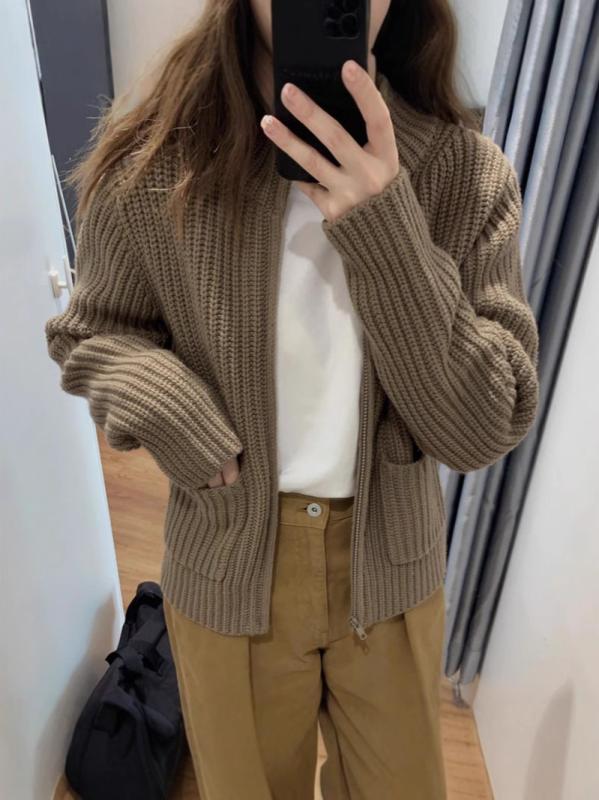 編み物 レディース 秋冬 ラムウール混紡 ジップアップ 上衣 アウター 心地よい 長袖 遊撃手丈 トップス 黒 黒いこと ベージュ 韓国風