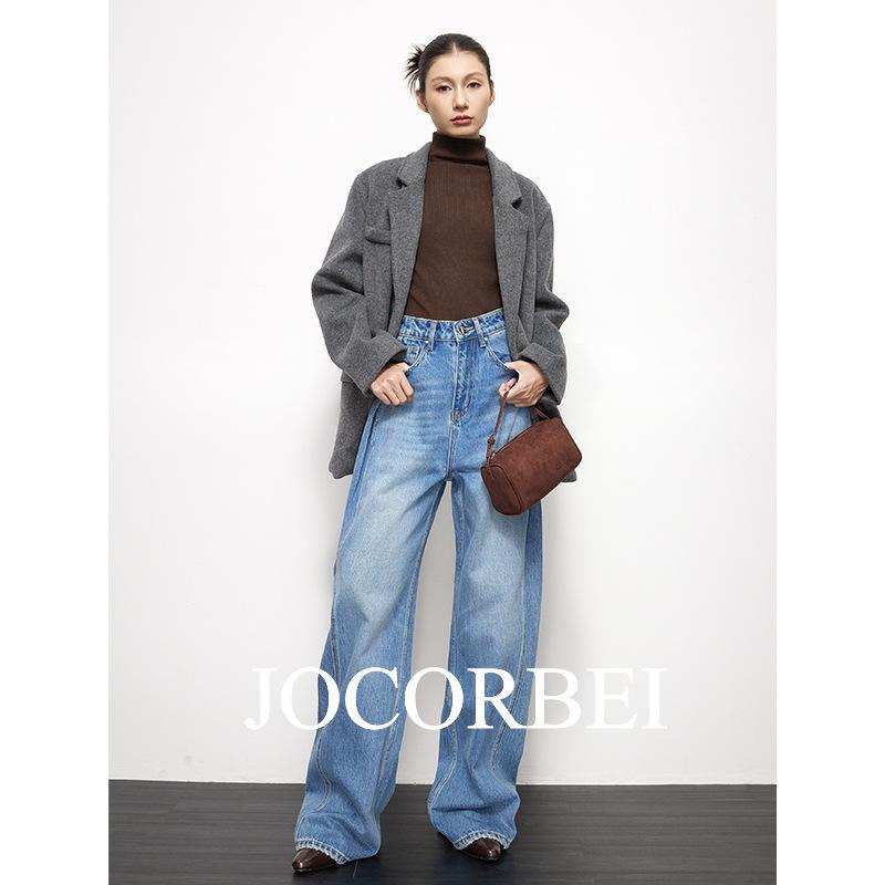 デニム レディース ゆったり ジーンズ ワイドレッグパンツ 高腰 ジーパン ズボン ウォッシュ製造 心地よい表現スタイル 普段使い走り 通い用 綿100% 青色 キュロット-事務服